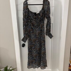 ASTR the Label Salinas Midi Dress Women's Long Sleeve Floral Black Multi Ditsy L